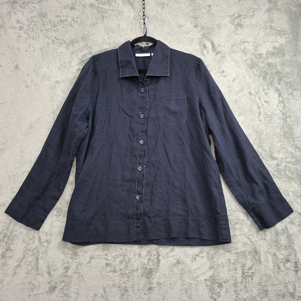 Women's L 100% Linen Top Button Up Long Sleeve Collared‎ Tunic Shirt Contrasted
